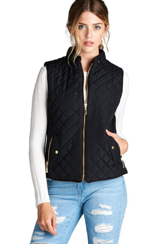 Women's Basic Solid Quilted Padding Jacket Vest Suede Piping Details With Pockets - SPWVST018