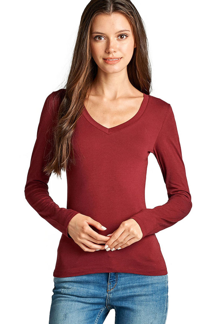 Women's Long Sleeve T-Shirt V-Neck Basic Layer Spandex Shirts