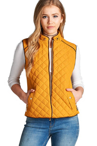 Women's Basic Solid Quilted Padding Jacket Vest Suede Piping Details With Pockets - SPWVST018