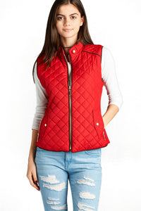 Women's Basic Solid Quilted Padding Jacket Vest Suede Piping Details With Pockets - SPWVST018